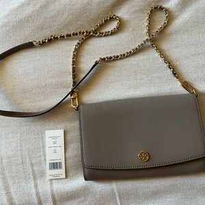 Tory Burch Taupe Crossbody Bag with Gold Chain